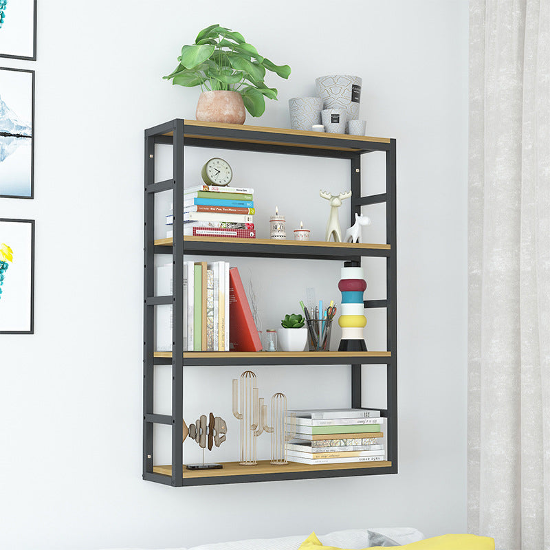 Industrial Wall Unit Bookshelf Black Steel Frame Natural Manufactured Wood Shelf Bookshelf Black-Wood Clearhalo 'Bookcases' 'Furniture' 'furniture_bookcases' 'kitchen' 'kitchen_bookcases' 'Living Room Furniture' 'Office Furniture' 4793090