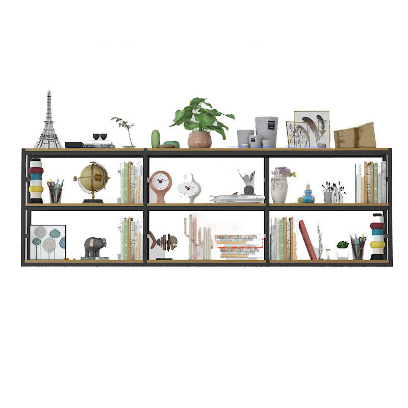 Industrial Wall Unit Bookshelf Black Steel Frame Natural Manufactured Wood Shelf Bookshelf Black-Wood 92.5"L x 9.4"W x 29.9"H Clearhalo 'Bookcases' 'Furniture' 'furniture_bookcases' 'kitchen' 'kitchen_bookcases' 'Living Room Furniture' 'Office Furniture' 4793098
