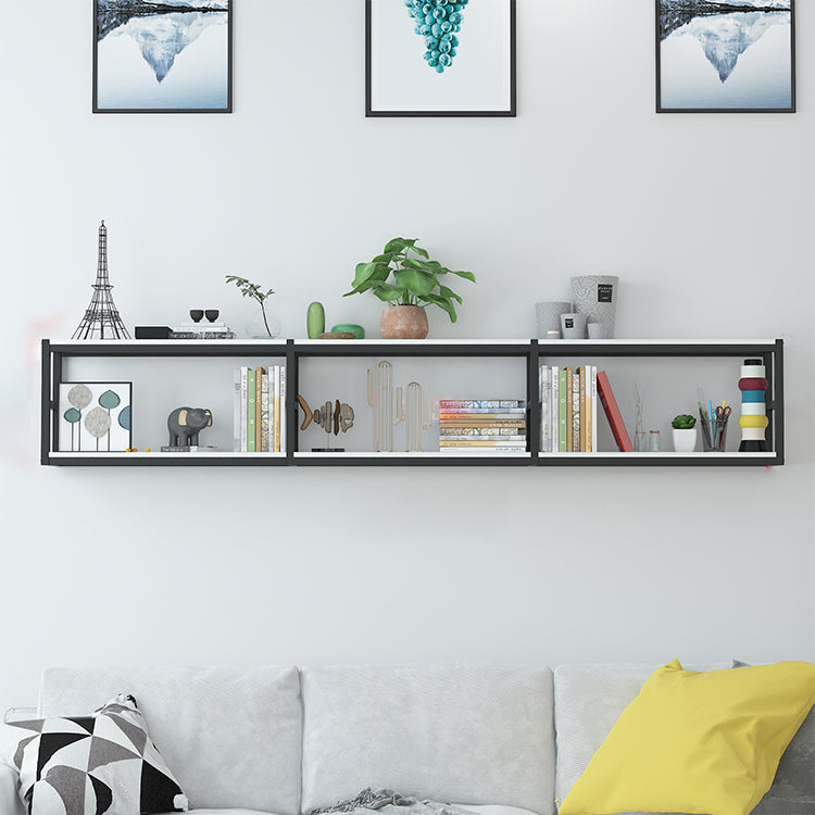 Industrial Wall Unit Bookshelf Black Steel Frame Natural Manufactured Wood Shelf Bookshelf Black-Wood 92.5"L x 9.4"W x 15.7"H Clearhalo 'Bookcases' 'Furniture' 'furniture_bookcases' 'kitchen' 'kitchen_bookcases' 'Living Room Furniture' 'Office Furniture' 4793100