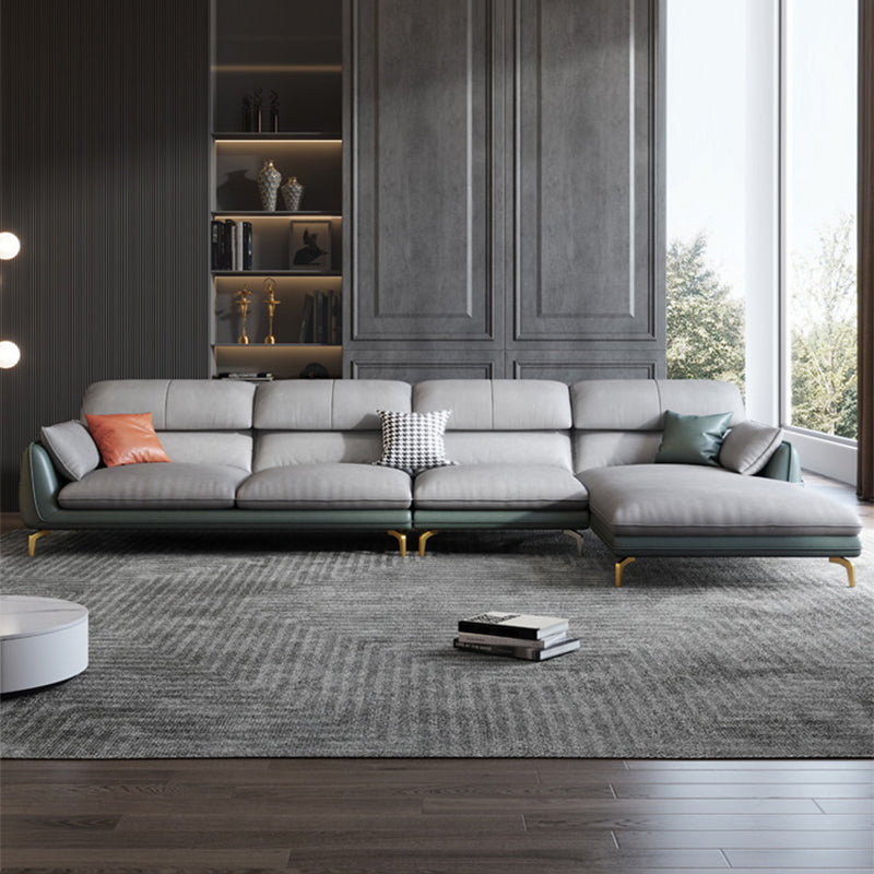 Scandinavian Faux Leather Light-grey Sectional for Apartment 132"L x 67"W x 33.5"H Right Memory Foam Clearhalo 'furn' 'furn_sectionals' 'Furniture' 'furniture_sectionals' 'kitchen' 'kitchen_sectionals' 'Living Room Furniture' 'Sectionals' 4795839