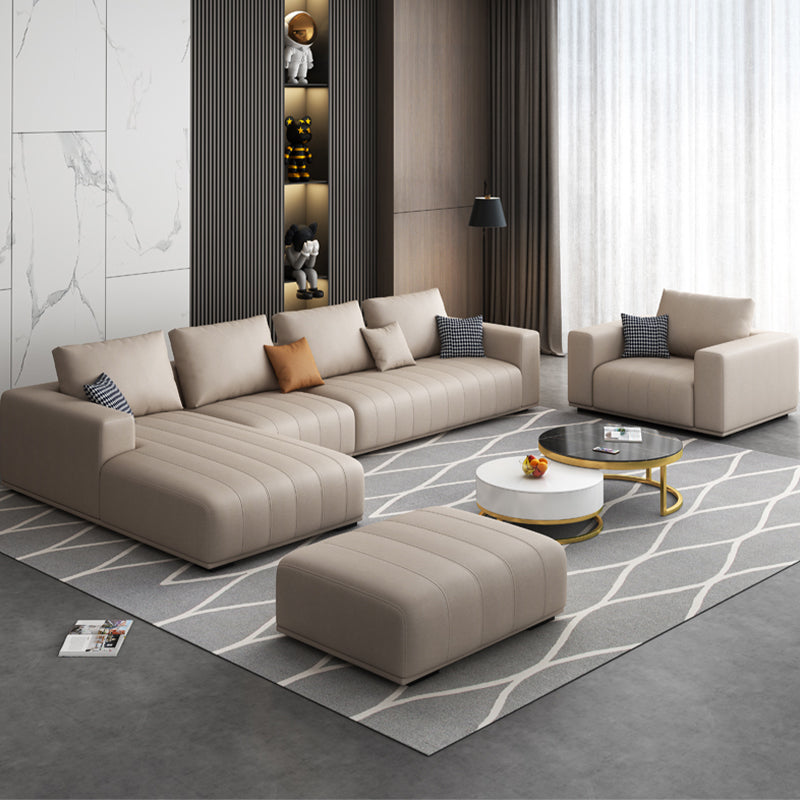 Beige Modern Faux Leather Square Arm Sofa/Sectional with Pillowed Back Cushions Clearhalo 'furn' 'furn_sectionals' 'Furniture' 'furniture_sectionals' 'kitchen' 'kitchen_sectionals' 'Living Room Furniture' 'Sectionals' 4795939