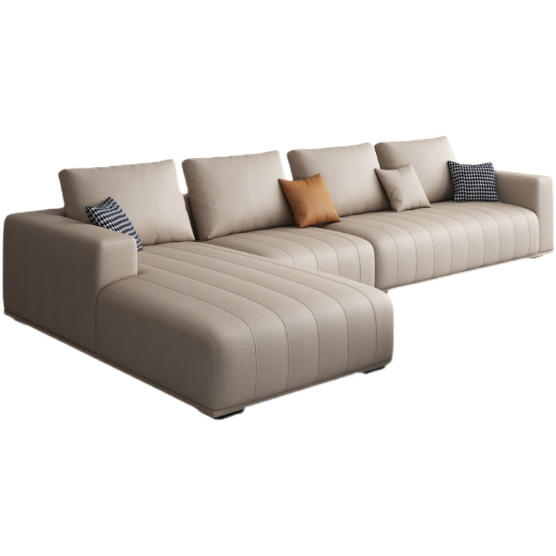 Beige Modern Faux Leather Square Arm Sofa/Sectional with Pillowed Back Cushions Clearhalo 'furn' 'furn_sectionals' 'Furniture' 'furniture_sectionals' 'kitchen' 'kitchen_sectionals' 'Living Room Furniture' 'Sectionals' 4795942