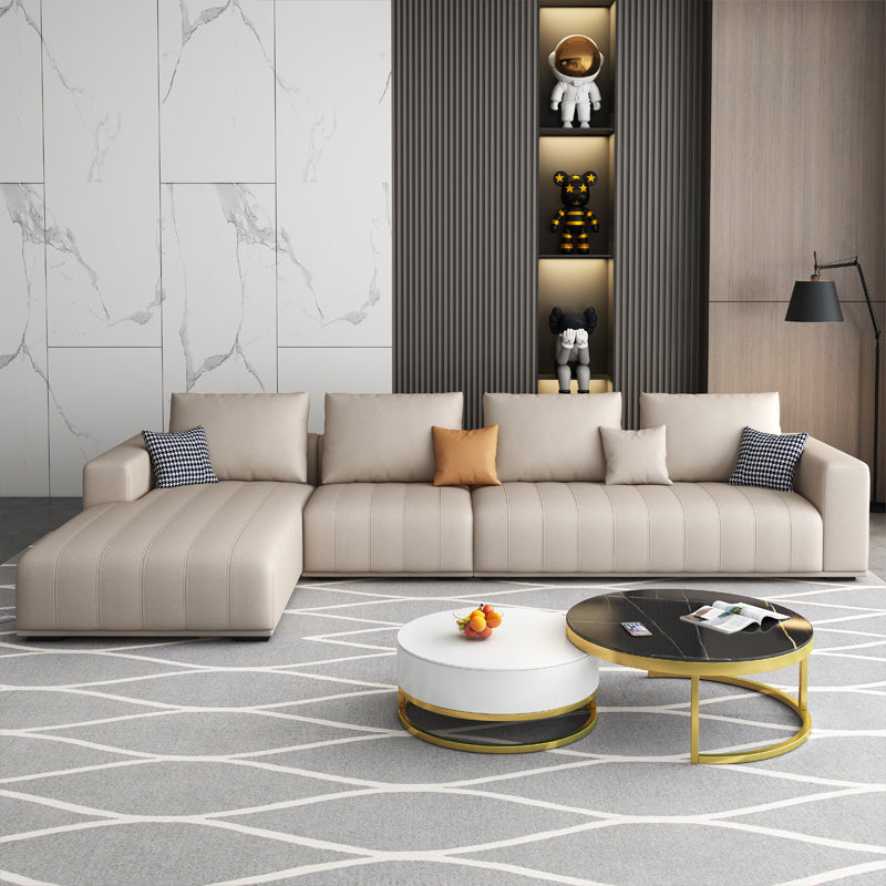 Cream Modern Faux Leather Square Arm Sofa/Sectional with Pillowed Back Cushions 150"L x 71"W x 33.5"H Latex Clearhalo 'furn' 'furn_sectionals' 'Furniture' 'furniture_sectionals' 'kitchen' 'kitchen_sectionals' 'Living Room Furniture' 'Sectionals' 4795972