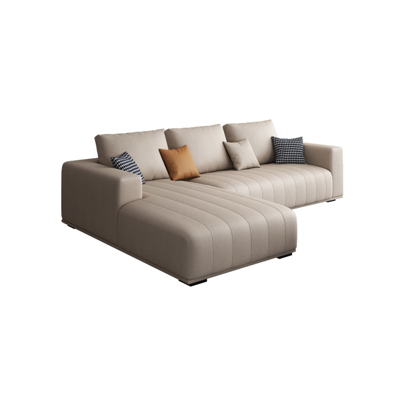 Cream Modern Faux Leather Square Arm Sofa/Sectional with Pillowed Back Cushions 106"L x 71"W x 33.5"H Clearhalo 'furn' 'furn_sectionals' 'Furniture' 'furniture_sectionals' 'kitchen' 'kitchen_sectionals' 'Living Room Furniture' 'Sectionals' 4795977