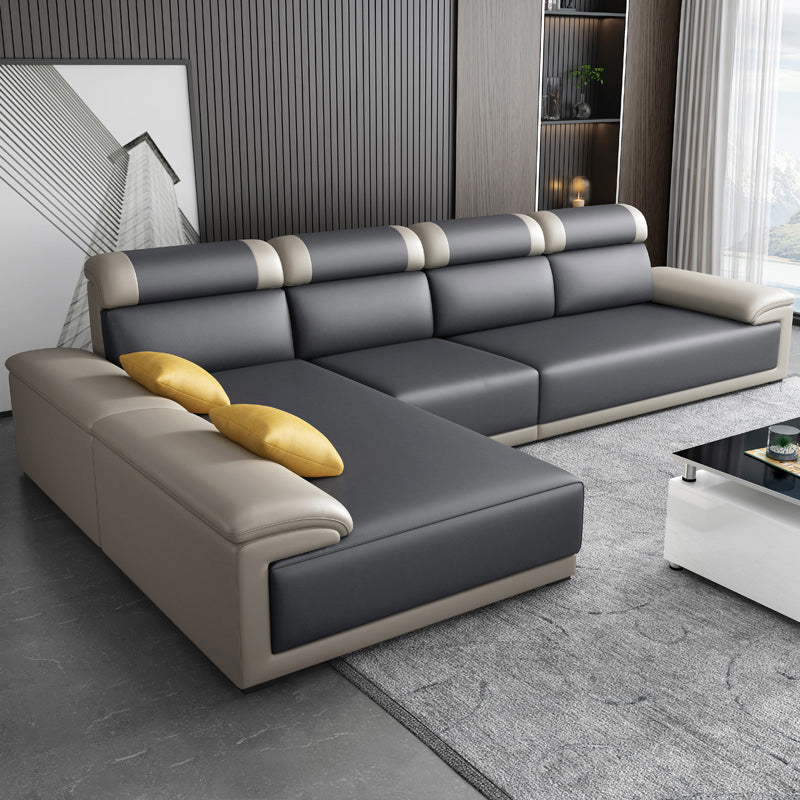 Modern Faux Leather Pillow Top Arm Sectional with Adjustable Pillowed Back Cushions Dark Gray-White Clearhalo 'furn' 'furn_sectionals' 'Furniture' 'furniture_sectionals' 'kitchen' 'kitchen_sectionals' 'Living Room Furniture' 'Sectionals' 4795990