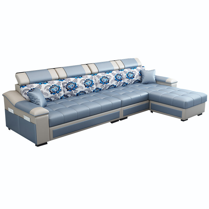 106.3"D x 57"W x 35.43"H Sloped Arm Sectionals, Modern High Back Sofa with Slipcovered Light Blue Faux Leather Clearhalo 'furn' 'furn_sectionals' 'Furniture' 'furniture_sectionals' 'kitchen' 'kitchen_sectionals' 'Living Room Furniture' 'Sectionals' 4796025