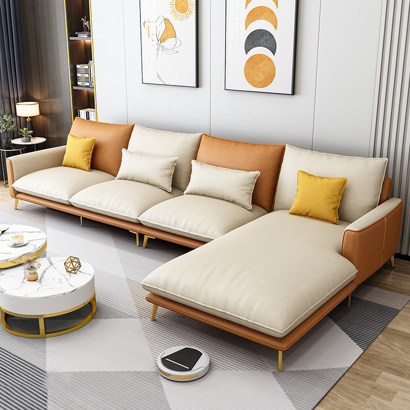 129.92 " W √ó 70.87" D √ó 35.43" H Removable Cushions Faux Leather Square Arm sectional Orange Yellow Clearhalo 'furn' 'furn_sectionals' 'Furniture' 'furniture_sectionals' 'kitchen' 'kitchen_sectionals' 'Living Room Furniture' 'Sectionals' 4796094