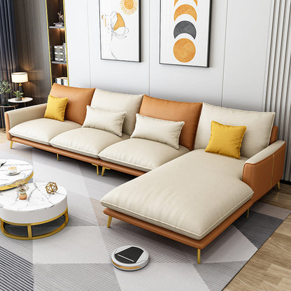 129.92 " W √ó 70.87" D √ó 35.43" H Removable Cushions Faux Leather Square Arm sectional Orange Yellow Clearhalo 'furn' 'furn_sectionals' 'Furniture' 'furniture_sectionals' 'kitchen' 'kitchen_sectionals' 'Living Room Furniture' 'Sectionals' 4796094