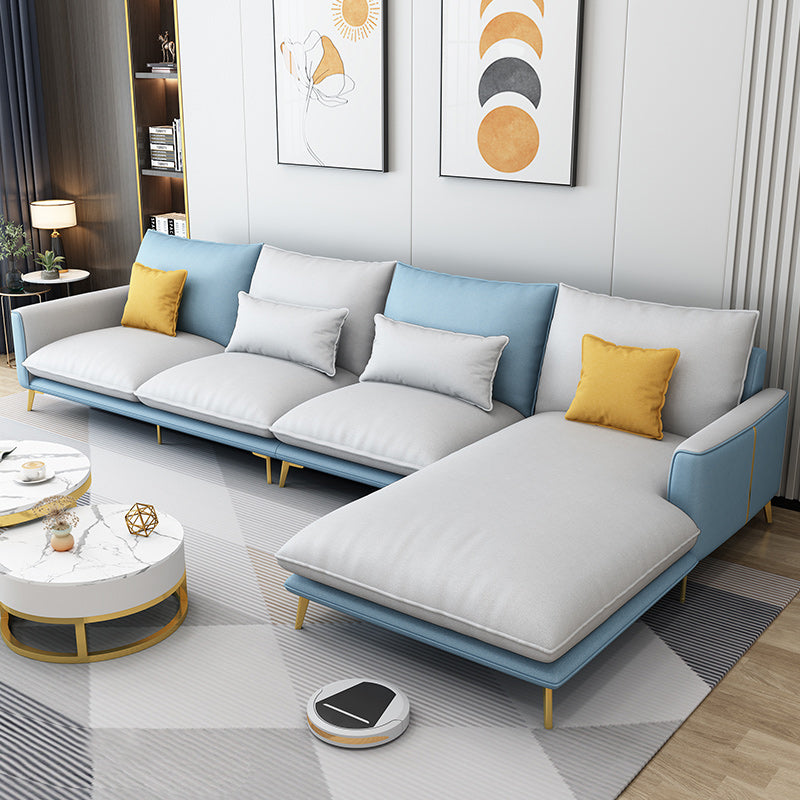 129.92 " W √ó 70.87" D √ó 35.43" H Removable Cushions Faux Leather Square Arm sectional Light Blue-Yellow Clearhalo 'furn' 'furn_sectionals' 'Furniture' 'furniture_sectionals' 'kitchen' 'kitchen_sectionals' 'Living Room Furniture' 'Sectionals' 4796103