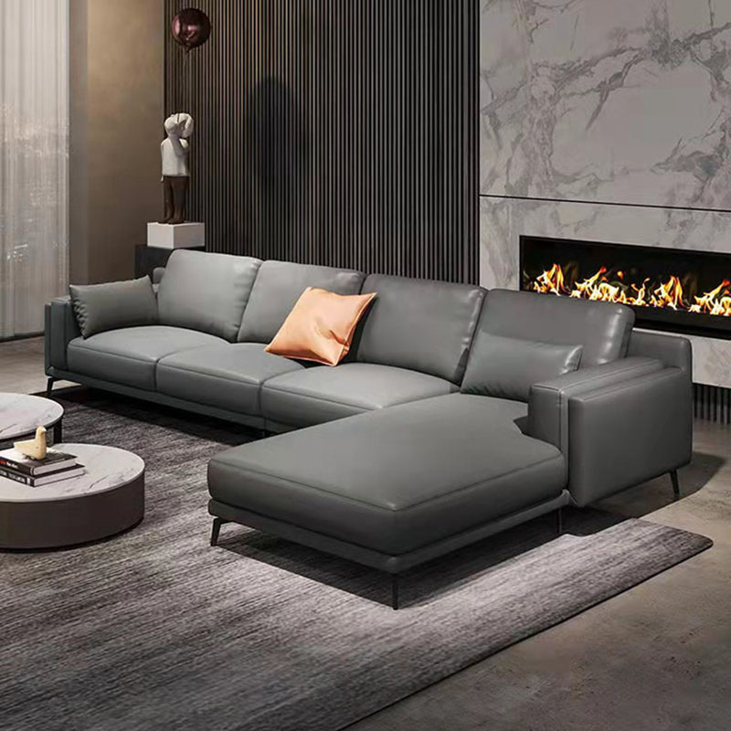 Square Arm Grey Pillowed Back Cushions Splayed Wooden Legs Sofa 139"L x 68"W x 31.5"H Sponge Clearhalo 'furn' 'furn_sectionals' 'Furniture' 'furniture_sectionals' 'kitchen' 'kitchen_sectionals' 'Living Room Furniture' 'Sectionals' 4796137