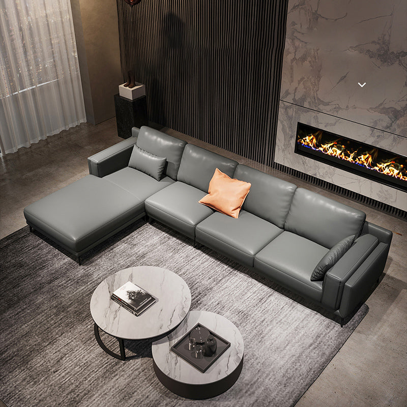 Square Arm Grey Pillowed Back Cushions Splayed Wooden Legs Sofa Clearhalo 'furn' 'furn_sectionals' 'Furniture' 'furniture_sectionals' 'kitchen' 'kitchen_sectionals' 'Living Room Furniture' 'Sectionals' 4796138