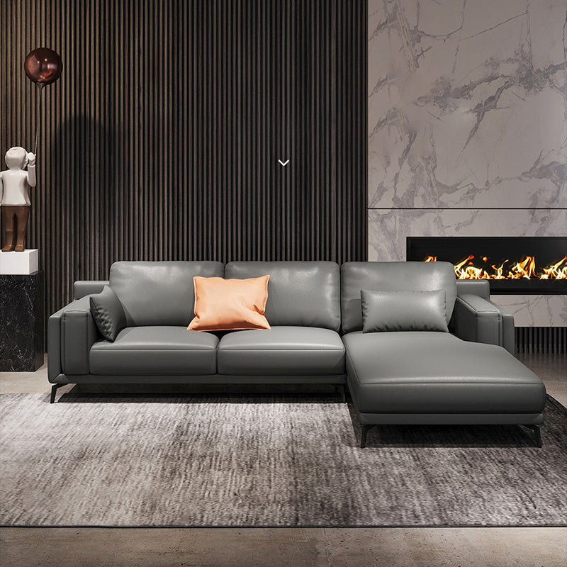 Square Arm Grey Pillowed Back Cushions Splayed Wooden Legs Sofa 109"L x 68"W x 31.5"H Sponge Clearhalo 'furn' 'furn_sectionals' 'Furniture' 'furniture_sectionals' 'kitchen' 'kitchen_sectionals' 'Living Room Furniture' 'Sectionals' 4796140