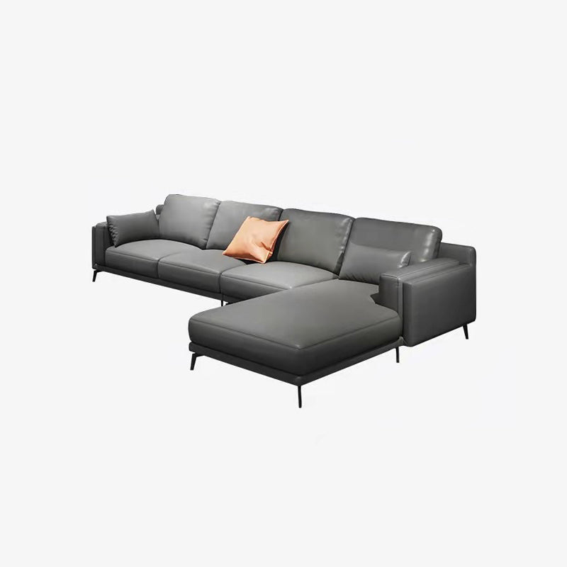 Square Arm Grey Pillowed Back Cushions Splayed Wooden Legs Sofa Clearhalo 'furn' 'furn_sectionals' 'Furniture' 'furniture_sectionals' 'kitchen' 'kitchen_sectionals' 'Living Room Furniture' 'Sectionals' 4796143