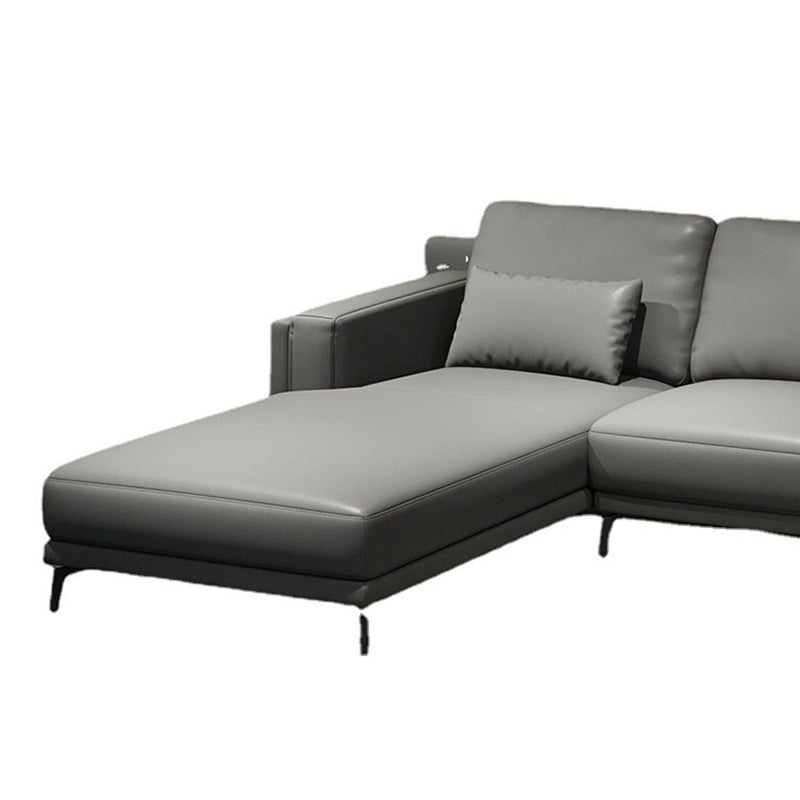 Square Arm Grey Pillowed Back Cushions Splayed Wooden Legs Sofa Clearhalo 'furn' 'furn_sectionals' 'Furniture' 'furniture_sectionals' 'kitchen' 'kitchen_sectionals' 'Living Room Furniture' 'Sectionals' 4796147
