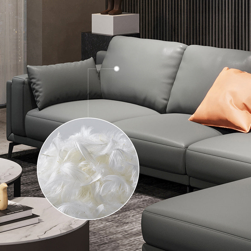 Square Arm Grey Pillowed Back Cushions Splayed Wooden Legs Sofa Clearhalo 'furn' 'furn_sectionals' 'Furniture' 'furniture_sectionals' 'kitchen' 'kitchen_sectionals' 'Living Room Furniture' 'Sectionals' 4796150