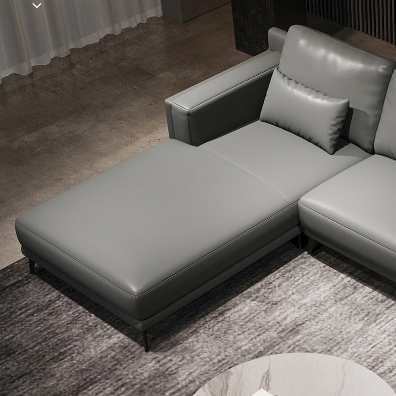 Square Arm Grey Pillowed Back Cushions Splayed Wooden Legs Sofa Clearhalo 'furn' 'furn_sectionals' 'Furniture' 'furniture_sectionals' 'kitchen' 'kitchen_sectionals' 'Living Room Furniture' 'Sectionals' 4796156