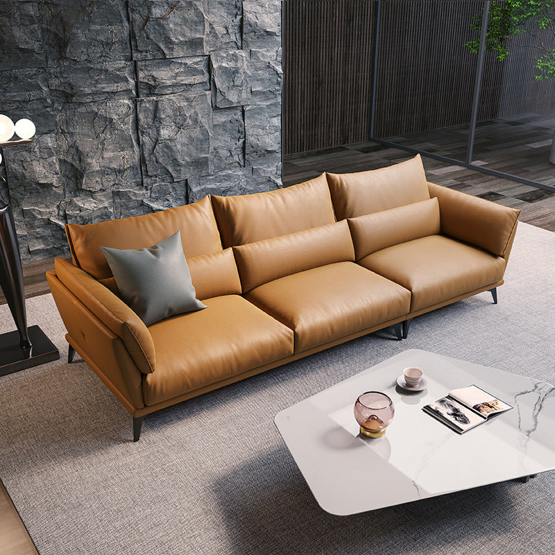 Genuine Leather Square Arm Bench Seating with Bolster Pillows Brown Settee Furniture 110"L x 37"W x 31.5"H Clearhalo 'furn' 'furn_sectionals' 'Furniture' 'furniture_sectionals' 'kitchen' 'kitchen_sectionals' 'Living Room Furniture' 'Sectionals' 4796190