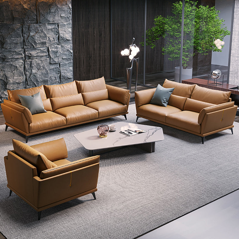 Genuine Leather Square Arm Bench Seating with Bolster Pillows Brown Settee Furniture Clearhalo 'furn' 'furn_sectionals' 'Furniture' 'furniture_sectionals' 'kitchen' 'kitchen_sectionals' 'Living Room Furniture' 'Sectionals' 4796191