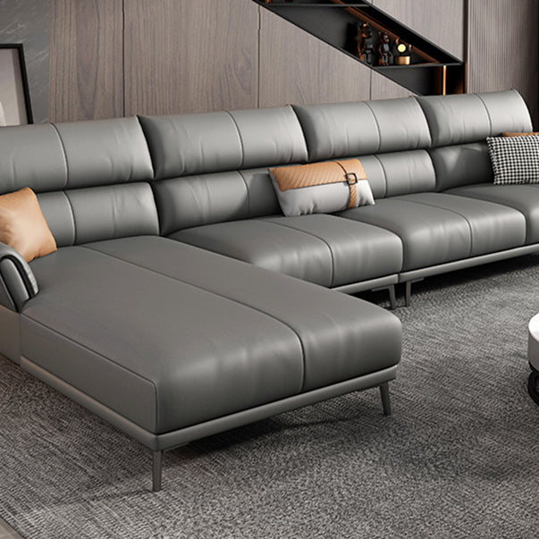 Light-grey Sewn Pillow Back Faux Leather Pillow Top Arm Sofa with Stain Resistant Clearhalo 'furn' 'furn_sectionals' 'Furniture' 'furniture_sectionals' 'kitchen' 'kitchen_sectionals' 'Living Room Furniture' 'Sectionals' 4796261