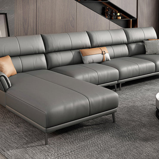 Light-grey Sewn Pillow Back Faux Leather Pillow Top Arm Sofa with Stain Resistant Clearhalo 'furn' 'furn_sectionals' 'Furniture' 'furniture_sectionals' 'kitchen' 'kitchen_sectionals' 'Living Room Furniture' 'Sectionals' 4796261