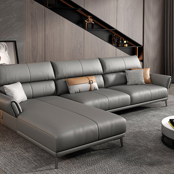 Light-grey Sewn Pillow Back Faux Leather Pillow Top Arm Sofa with Stain Resistant Clearhalo 'furn' 'furn_sectionals' 'Furniture' 'furniture_sectionals' 'kitchen' 'kitchen_sectionals' 'Living Room Furniture' 'Sectionals' 4796262