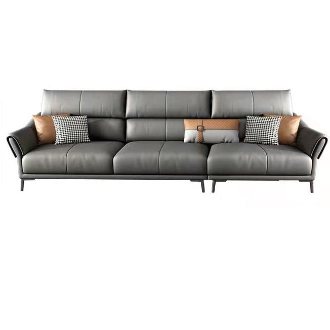 Light-grey Sewn Pillow Back Faux Leather Pillow Top Arm Sofa with Stain Resistant 87"L x 39"W x 39"H Clearhalo 'furn' 'furn_sectionals' 'Furniture' 'furniture_sectionals' 'kitchen' 'kitchen_sectionals' 'Living Room Furniture' 'Sectionals' 4796264