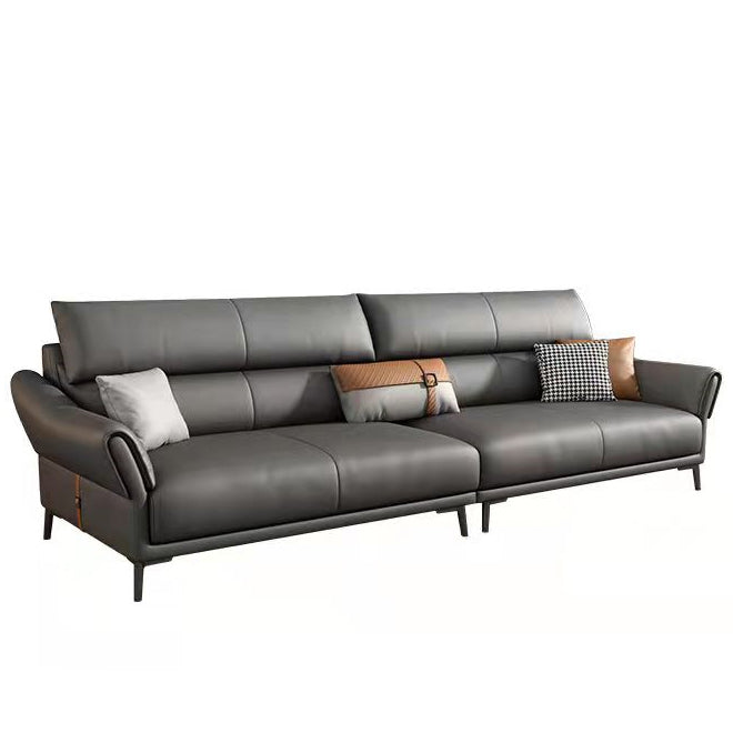 Light-grey Sewn Pillow Back Faux Leather Pillow Top Arm Sofa with Stain Resistant 98"L x 39"W x 39"H Clearhalo 'furn' 'furn_sectionals' 'Furniture' 'furniture_sectionals' 'kitchen' 'kitchen_sectionals' 'Living Room Furniture' 'Sectionals' 4796266