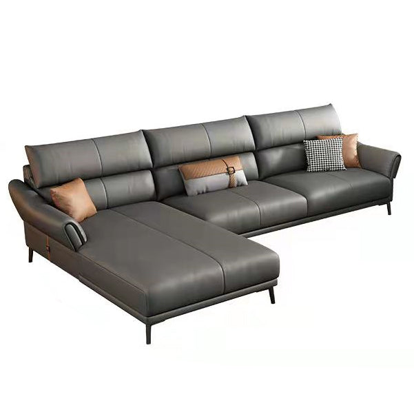 Light-grey Sewn Pillow Back Faux Leather Pillow Top Arm Sofa with Stain Resistant 113"L x 71"W x 39"H Clearhalo 'furn' 'furn_sectionals' 'Furniture' 'furniture_sectionals' 'kitchen' 'kitchen_sectionals' 'Living Room Furniture' 'Sectionals' 4796267