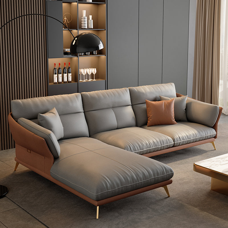 Light-grey Sewn Pillow Back Faux Leather Pillow Top Arm Sofa for Living Room 106"L x 70"W x 31.5"H Clearhalo 'furn' 'furn_sectionals' 'Furniture' 'furniture_sectionals' 'kitchen' 'kitchen_sectionals' 'Living Room Furniture' 'Sectionals' 4796273