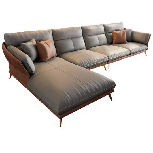 Light-grey Sewn Pillow Back Faux Leather Pillow Top Arm Sofa for Living Room Clearhalo 'furn' 'furn_sectionals' 'Furniture' 'furniture_sectionals' 'kitchen' 'kitchen_sectionals' 'Living Room Furniture' 'Sectionals' 4796279