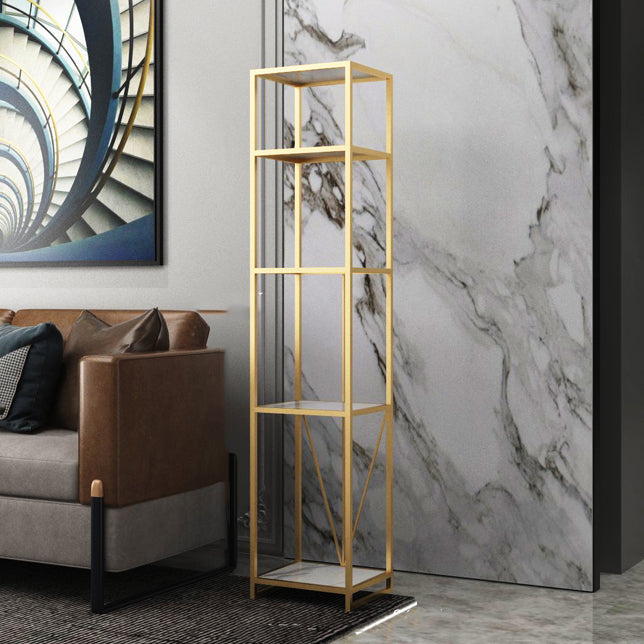 Industrial Vertical Open Etagere Bookshelf Iron Frame Manufactured Wood Shelf Bookshelf 13.8"L x 11.8"W x 59.1"H Gold Clearhalo 'Bookcases' 'furn' 'furn_bookcases' 'Furniture' 'furniture_bookcases' 'kitchen' 'kitchen_bookcases' 'Living Room Furniture' 'Office Furniture' 4804357