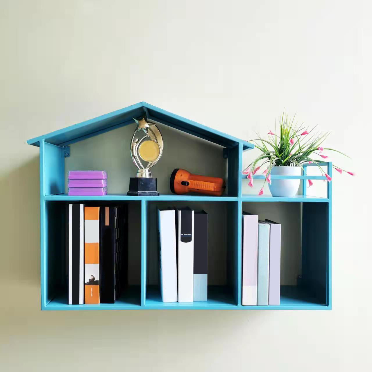Iron Wall Mounted Bookshelf Scandinavian Horizontal Bookshelf,31.5"L x 7.9"W x 21.7"H Light Blue Clearhalo 'Bookcases' 'furn' 'furn_bookcases' 'Furniture' 'furniture_bookcases' 'kitchen' 'kitchen_bookcases' 'Living Room Furniture' 'Office Furniture' 4804487