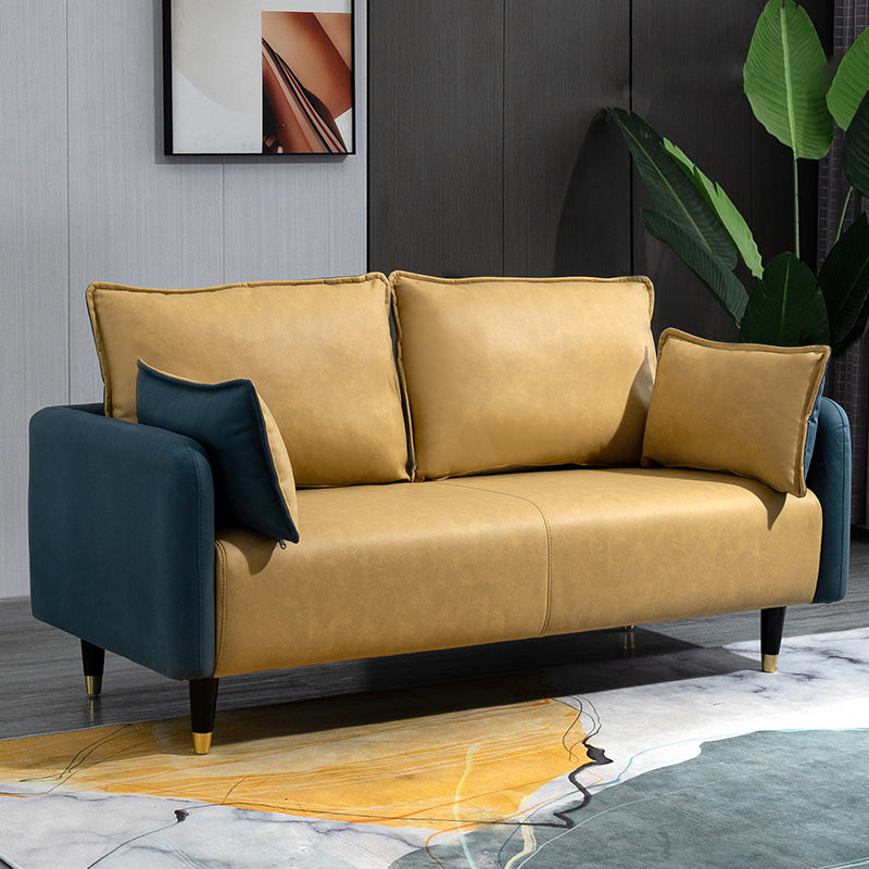 29.92" H Faux Leather Square Arm Modern Sofa with 2 Pillows for Living Room, Apartment Blue-Yellow Clearhalo 'furn' 'furn_sofas' 'Furniture' 'furniture_sofas' 'kitchen' 'kitchen_sofas' 'Living Room Furniture' 'Sofa' 'sofas' 4805079
