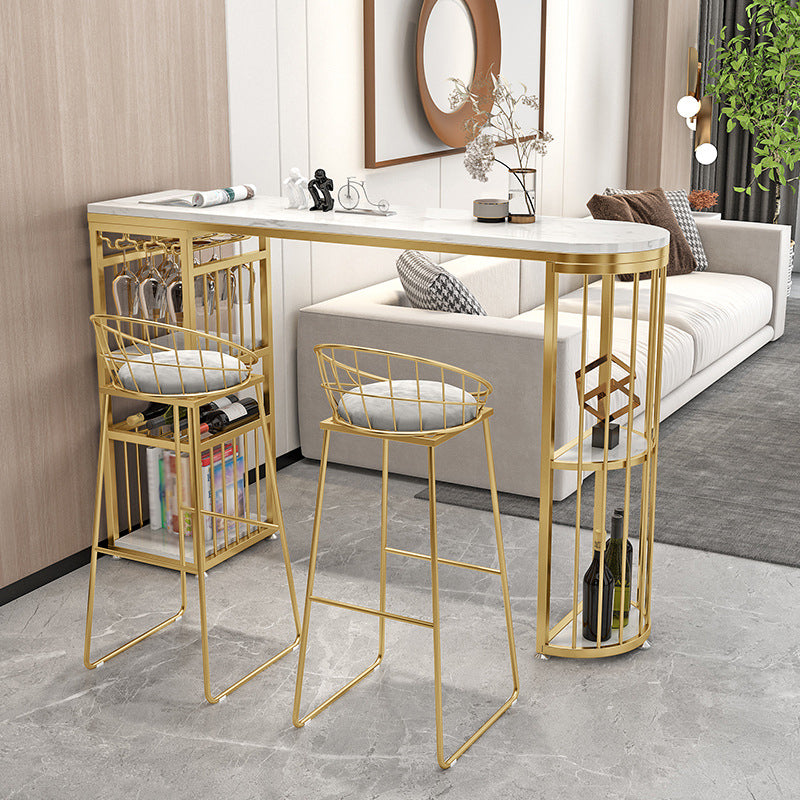 Stone Top Bar Dining Table Traditional Luxury Bar Table with Sled Base 70.9"L x 15.7"W x 41.3"H Gold Free Form Clearhalo 'Bar Furniture' 'Bar Tables' 'bar_tables' 'furn' 'furn_bar_tables' 'Furniture' 'furniture_bar_tables' 'Kitchen & Dining Furniture' 4807049