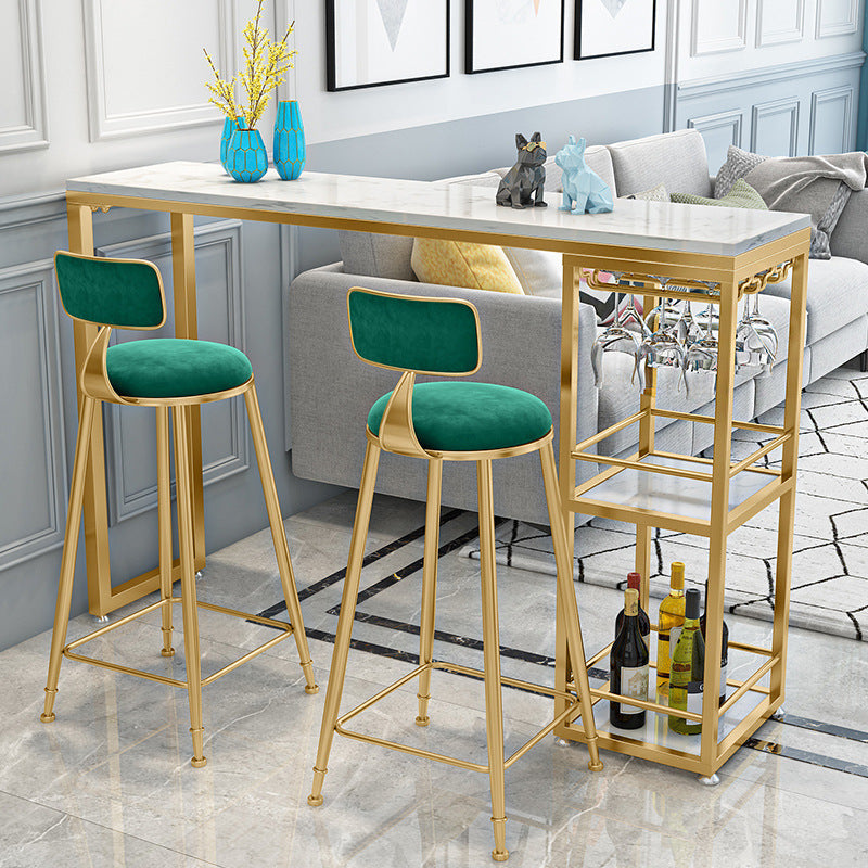 Stone Rectangle Bar Table White Contemporary Bar Table with Sled Base 78.7"L x 15.7"W x 41.3"H Gold Without Chairs Clearhalo 'Bar Furniture' 'Bar Tables' 'bar_tables' 'furn' 'furn_bar_tables' 'Furniture' 'furniture_bar_tables' 'Kitchen & Dining Furniture' 4807230