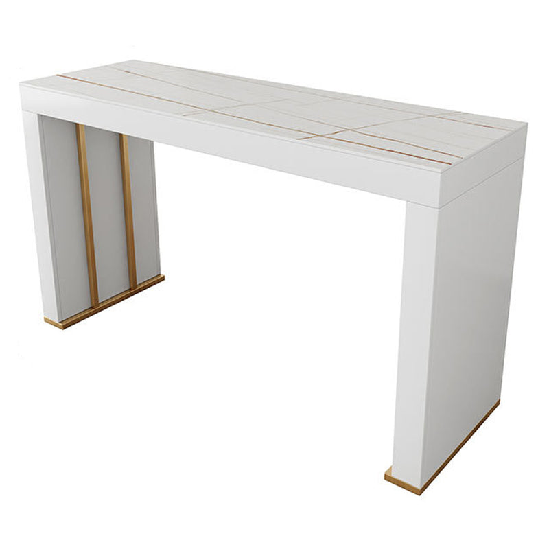 Stone Top Bar Dining Table Contemporary Bar Dining Table with Sled Base 70.9"L x 19.7"W x 41.3"H Gold White Gold Clearhalo 'Bar Furniture' 'Bar Tables' 'bar_tables' 'furn' 'furn_bar_tables' 'Furniture' 'furniture_bar_tables' 'Kitchen & Dining Furniture' 4807335
