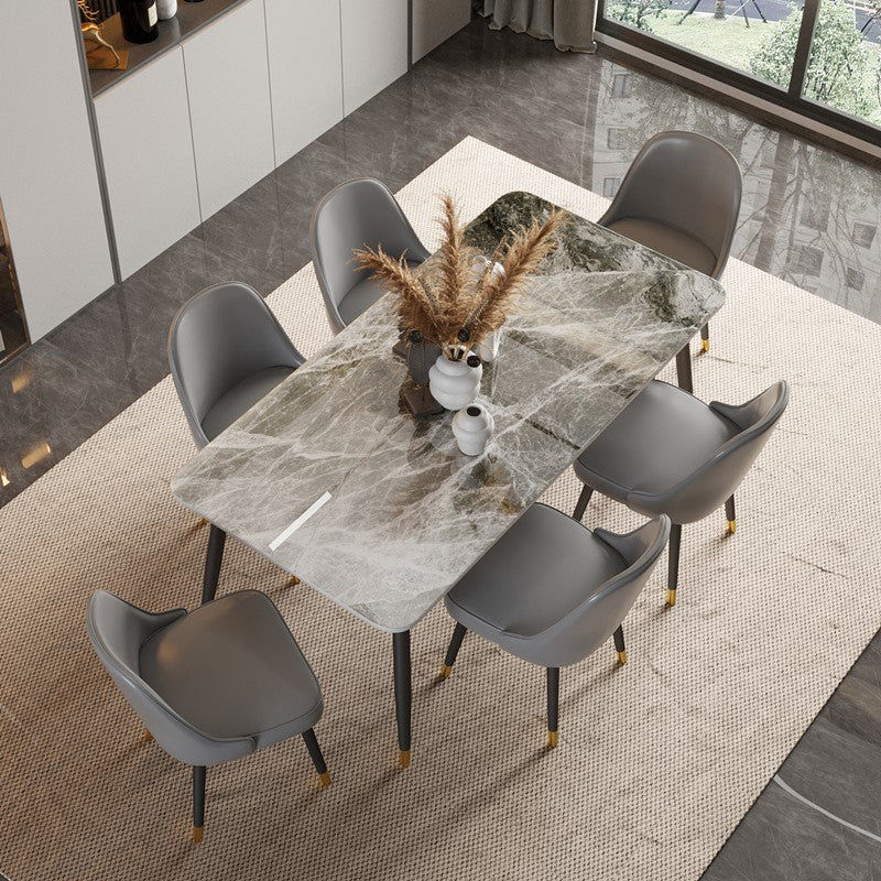 Designer Style Sintered Stone Top Dining Set 1/2/5/7 Pieces Dining Table with Chairs 7 Pieces: Table, 6 Grey Chairs Clearhalo 'Dining Room Sets' 'Dining Tables & Seating' 'dining_room_set' 'furn' 'furn_dining_room_set' 'Furniture' 'furniture_dining_room_set' 'Kitchen & Dining Furniture' 4808216