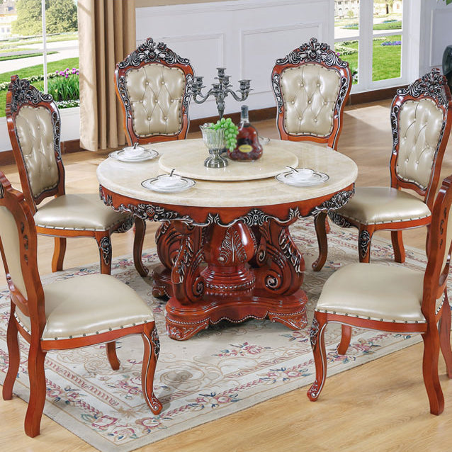 Oak Wood Victorian Round Dining Table Faux Marble Table Top with Pedestal Base White-Brown 51.2"L x 51.2"W x 29.9"H Without Chairs Clearhalo 'Dining Tables & Seating' 'Dining Tables' 'dining_table' 'furn' 'furn_dining_table' 'Furniture' 'furniture_dining_table' 'Kitchen & Dining Furniture' 'kitchen' 'kitchen_dining_table' 4808622