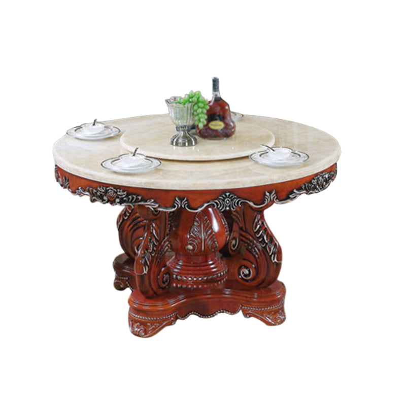 Oak Wood Victorian Round Dining Table Faux Marble Table Top with Pedestal Base White-Brown 47.2"L x 47.2"W x 29.9"H Without Chairs Clearhalo 'Dining Tables & Seating' 'Dining Tables' 'dining_table' 'furn' 'furn_dining_table' 'Furniture' 'furniture_dining_table' 'Kitchen & Dining Furniture' 'kitchen' 'kitchen_dining_table' 4808623