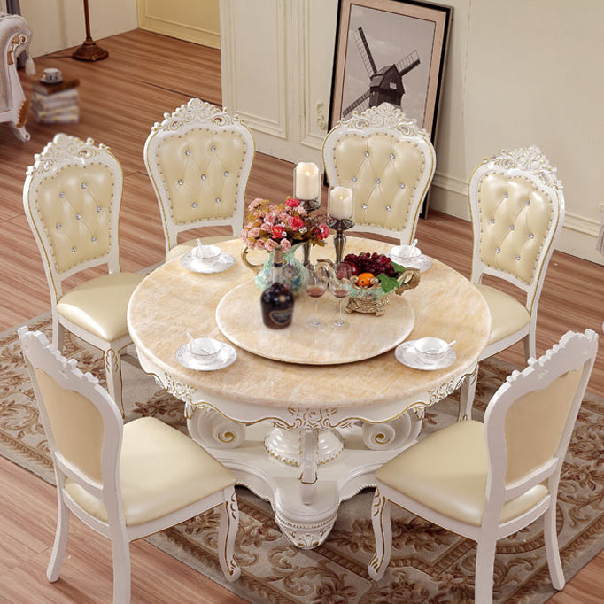 Oak Wood Victorian Round Dining Table Faux Marble Table Top with Pedestal Base Yellow 51.2"L x 51.2"W x 29.9"H Without Chairs Clearhalo 'Dining Tables & Seating' 'Dining Tables' 'dining_table' 'furn' 'furn_dining_table' 'Furniture' 'furniture_dining_table' 'Kitchen & Dining Furniture' 'kitchen' 'kitchen_dining_table' 4808626