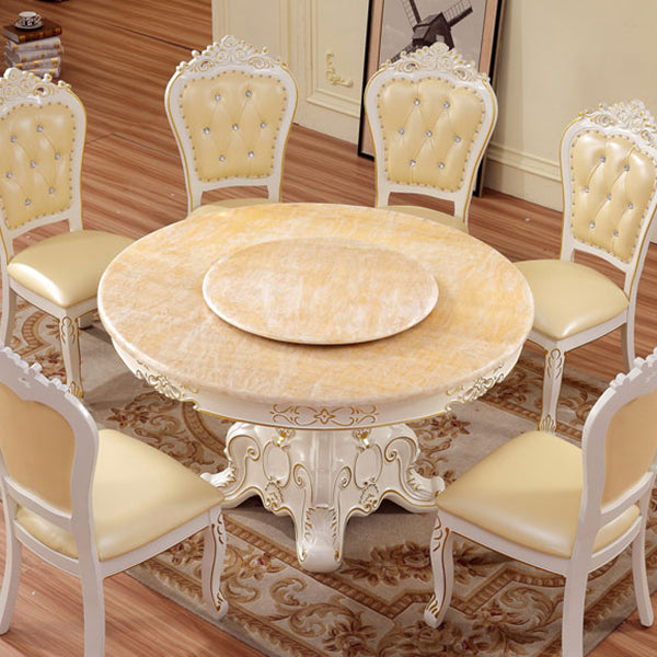 Solid Wood Victorian Round Dining Table Faux Marble Top Table with Pedestal Yellow 51.2"L x 51.2"W x 29.9"H Without Chairs Clearhalo 'Dining Tables & Seating' 'Dining Tables' 'dining_table' 'furn' 'furn_dining_table' 'Furniture' 'furniture_dining_table' 'Kitchen & Dining Furniture' 'kitchen' 'kitchen_dining_table' 4808638