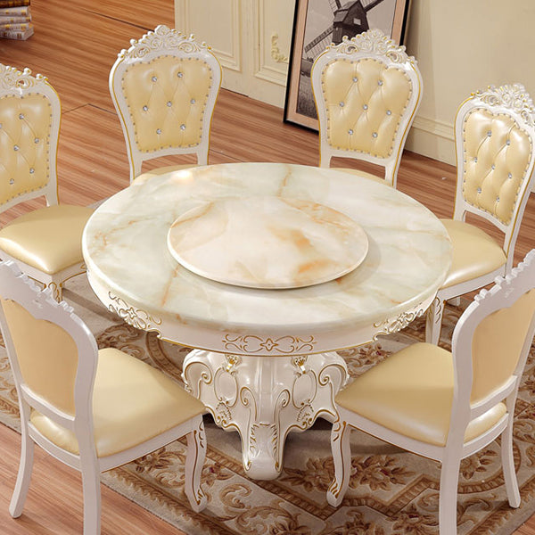 Solid Wood Victorian Round Dining Table Faux Marble Top Table with Pedestal White 59.1"L x 59.1"W x 29.9"H Without Chairs Clearhalo 'Dining Tables & Seating' 'Dining Tables' 'dining_table' 'furn' 'furn_dining_table' 'Furniture' 'furniture_dining_table' 'Kitchen & Dining Furniture' 'kitchen' 'kitchen_dining_table' 4808641