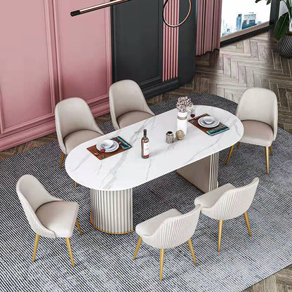 Luxury Sintered Stone Top Dining Table Oval Table with Double Pedestal for Restaurant White 55.1"L x 31.5"W x 29.5"H Without Chairs Clearhalo 'Dining Tables & Seating' 'Dining Tables' 'dining_table' 'furn' 'furn_dining_table' 'Furniture' 'furniture_dining_table' 'Kitchen & Dining Furniture' 'kitchen' 'kitchen_dining_table' 4808652