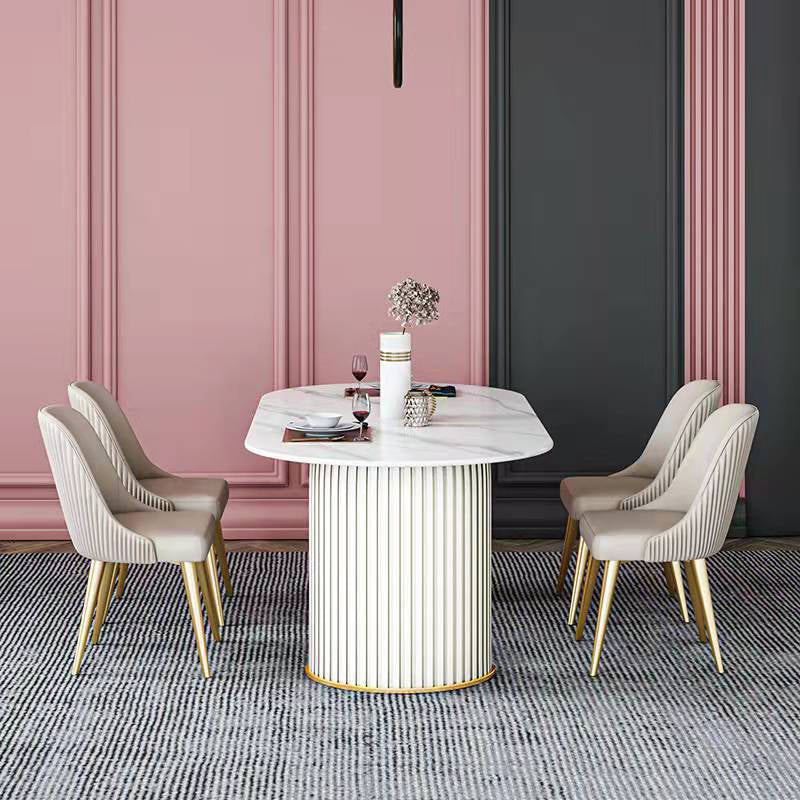 Luxury Sintered Stone Top Dining Table Oval Table with Double Pedestal for Restaurant White 70.9"L x 31.5"W x 29.5"H Without Chairs Clearhalo 'Dining Tables & Seating' 'Dining Tables' 'dining_table' 'furn' 'furn_dining_table' 'Furniture' 'furniture_dining_table' 'Kitchen & Dining Furniture' 'kitchen' 'kitchen_dining_table' 4808653
