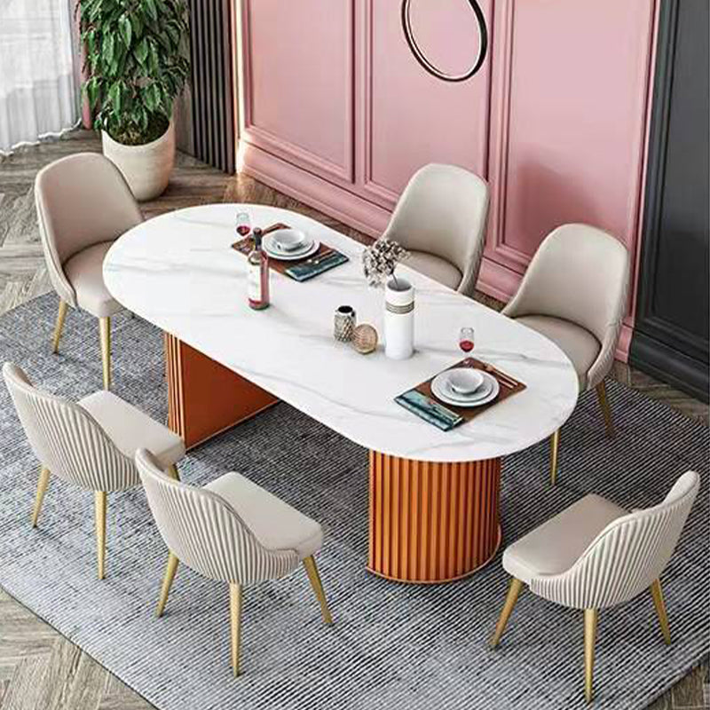 Luxury Sintered Stone Top Dining Table Oval Table with Double Pedestal for Restaurant Orange 55.1"L x 31.5"W x 29.5"H Without Chairs Clearhalo 'Dining Tables & Seating' 'Dining Tables' 'dining_table' 'furn' 'furn_dining_table' 'Furniture' 'furniture_dining_table' 'Kitchen & Dining Furniture' 'kitchen' 'kitchen_dining_table' 4808654