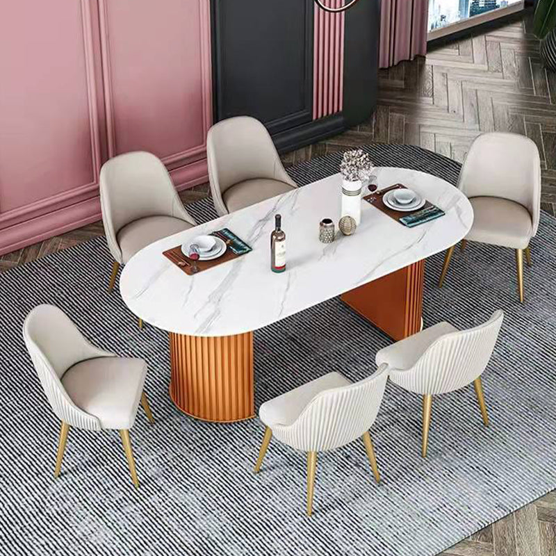 Luxury Sintered Stone Top Dining Table Oval Table with Double Pedestal for Restaurant Orange 70.9"L x 31.5"W x 29.5"H Without Chairs Clearhalo 'Dining Tables & Seating' 'Dining Tables' 'dining_table' 'furn' 'furn_dining_table' 'Furniture' 'furniture_dining_table' 'Kitchen & Dining Furniture' 'kitchen' 'kitchen_dining_table' 4808655