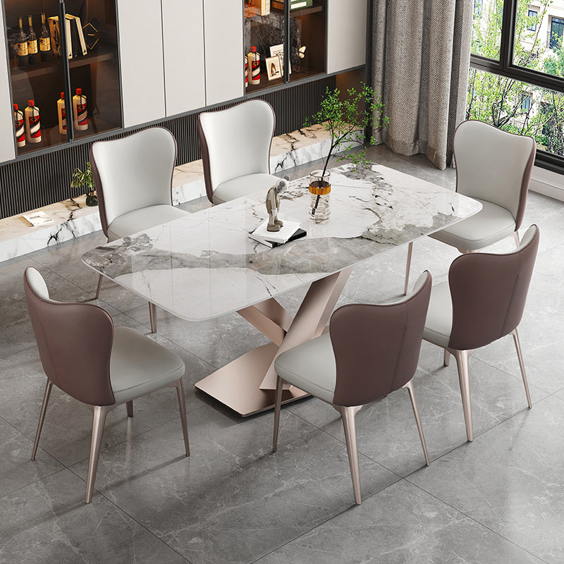 Luxury Sintered Stone Top Table Rectangle Dining Table with Pedestal Base Pandora Gold Without Chairs Clearhalo 'Dining Tables & Seating' 'Dining Tables' 'dining_table' 'furn' 'furn_dining_table' 'Furniture' 'furniture_dining_table' 'Kitchen & Dining Furniture' 'kitchen' 'kitchen_dining_table' 4808718