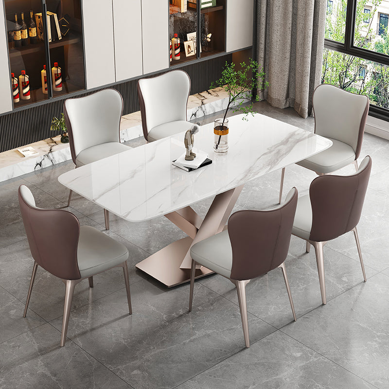 Luxury Sintered Stone Top Table Rectangle Dining Table with Pedestal Base White Without Chairs Clearhalo 'Dining Tables & Seating' 'Dining Tables' 'dining_table' 'furn' 'furn_dining_table' 'Furniture' 'furniture_dining_table' 'Kitchen & Dining Furniture' 'kitchen' 'kitchen_dining_table' 4808719