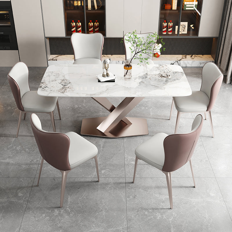 Luxury Sintered Stone Top Table Rectangle Dining Table with Pedestal Base Grey White 63"L x 35.4"W x 29.5"H Without Chairs Clearhalo 'Dining Tables & Seating' 'Dining Tables' 'dining_table' 'furn' 'furn_dining_table' 'Furniture' 'furniture_dining_table' 'Kitchen & Dining Furniture' 'kitchen' 'kitchen_dining_table' 4808720
