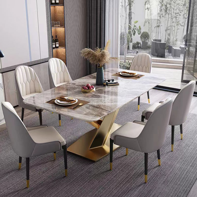 Luxury Sintered Stone Dining Table Rectangle Table with Single Pedestal in Gold Gray Without Chairs Clearhalo 'Dining Tables & Seating' 'Dining Tables' 'dining_table' 'furn' 'furn_dining_table' 'Furniture' 'furniture_dining_table' 'Kitchen & Dining Furniture' 'kitchen' 'kitchen_dining_table' 4808820